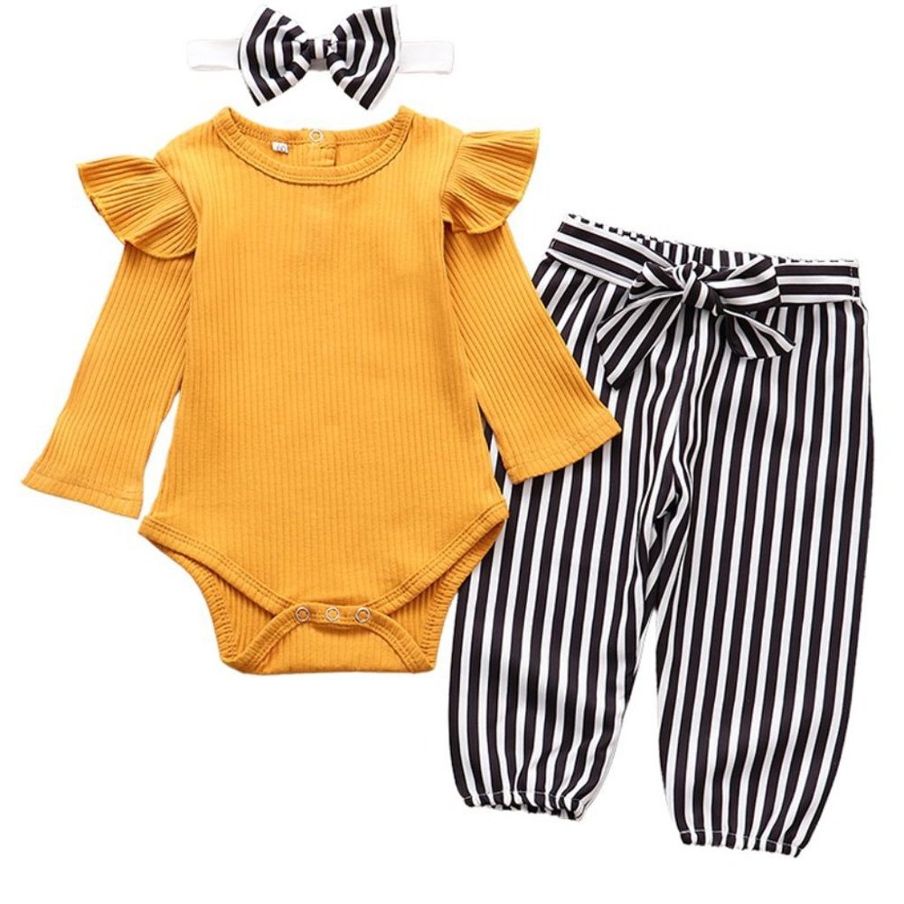 Mustard baby bodysuit, pants, and head band set